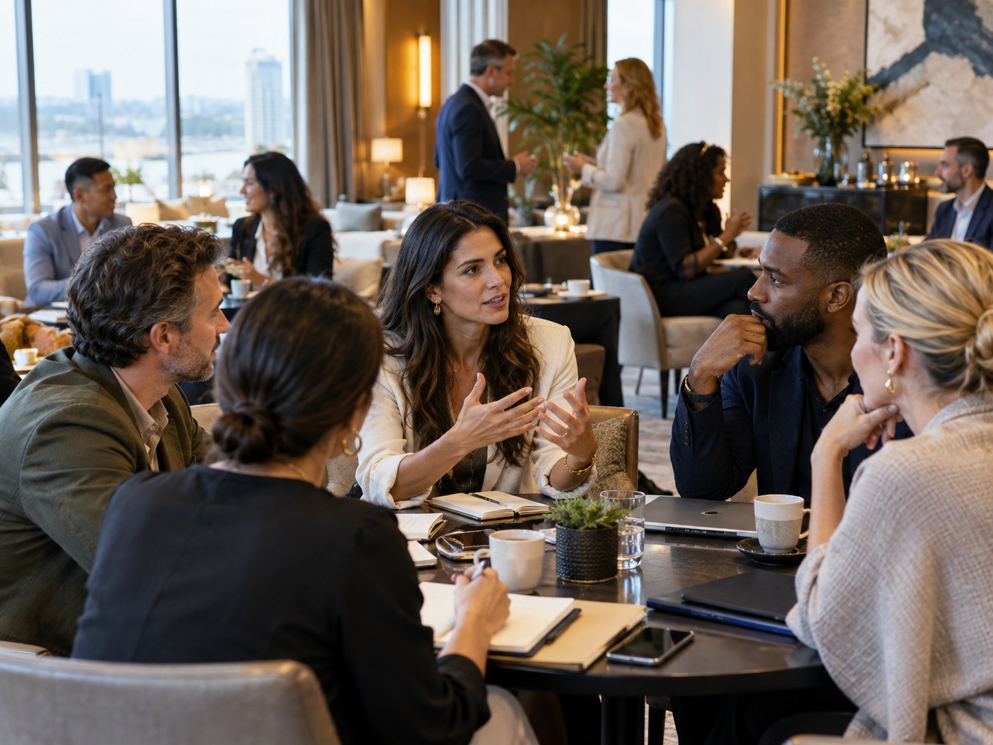 Entrepreneurs sharing ideas at a hotel mastermind event